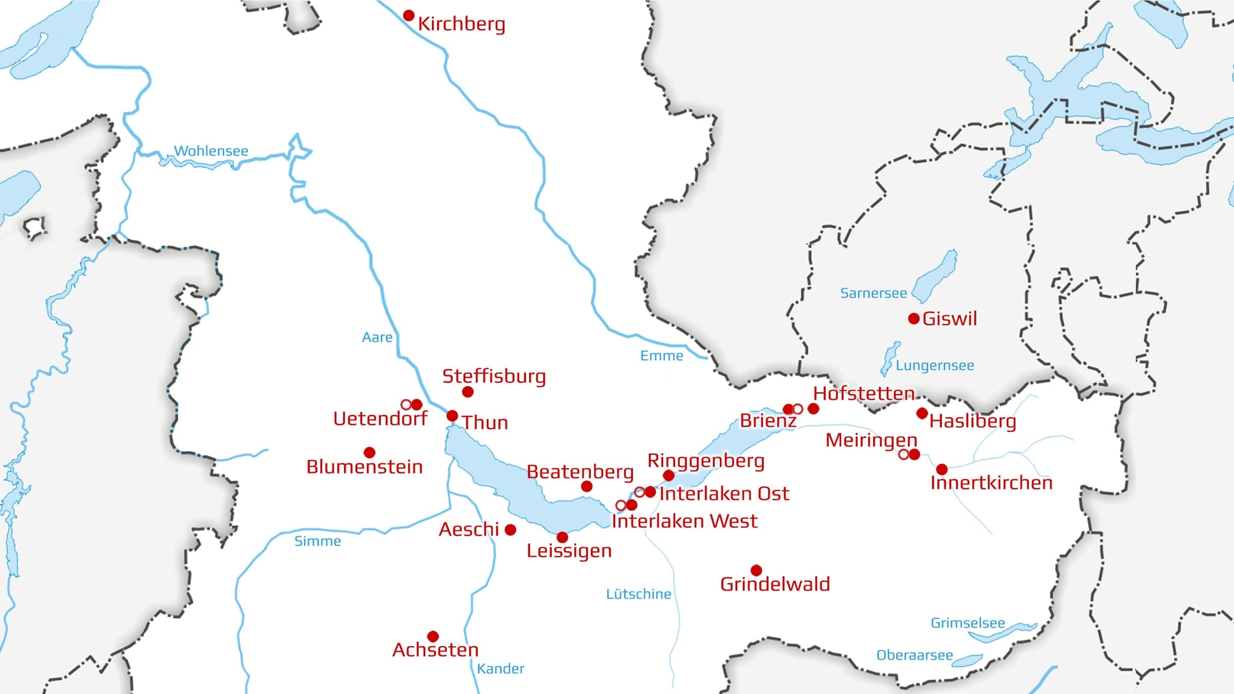 Karte des oeltrans Tankstellennetzes von Kirchberg über Thun und Interlaken bis Giswil